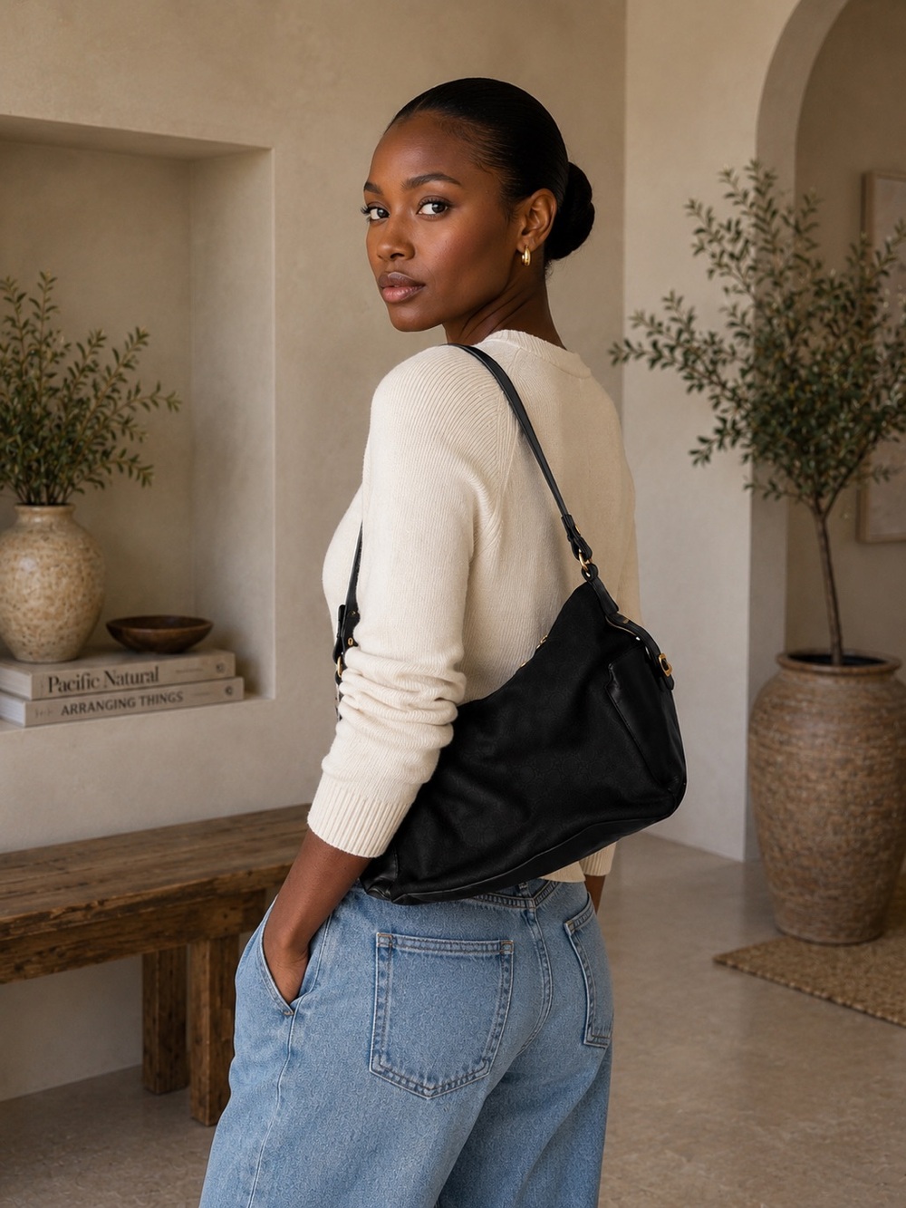 Salvatore Ferragamo Black Canvas & Leather Shoulder Bag